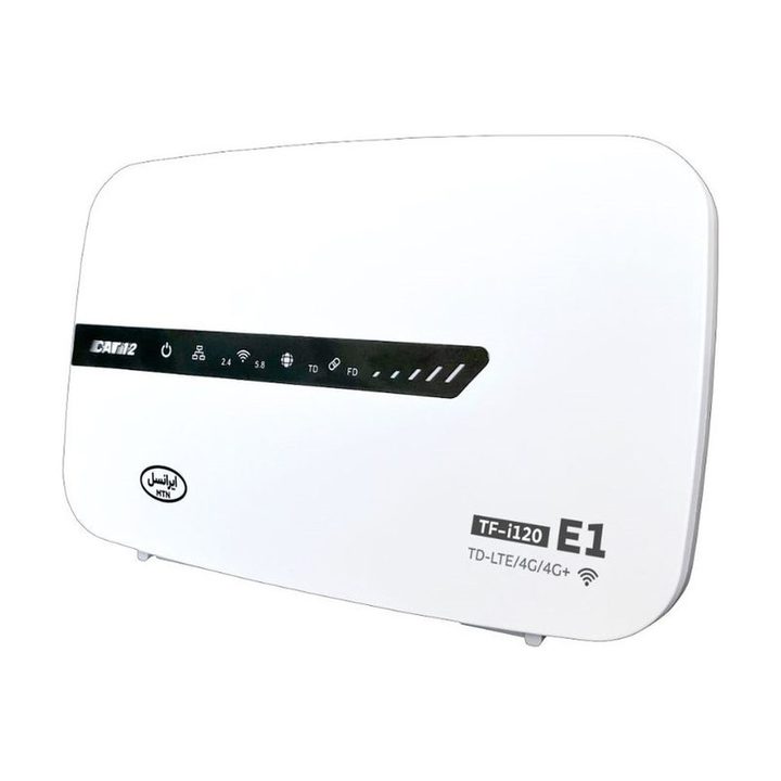 مودم روتر 4.5G ایرانسل مدل TF i120 4.5G E1، سرعت دانلود تا 600 مگابیت بر ثانیه، آپلود تا 100 مگابیت بر ثانیه، پشتیبانی از CAT-12 و اتصال wi-fi و LAN، مناسب برای 32 کاربر